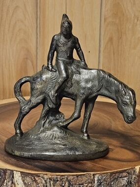 VTG Cast Metal Brass Native American Horseback "The End of the Trail" Bookend 6"